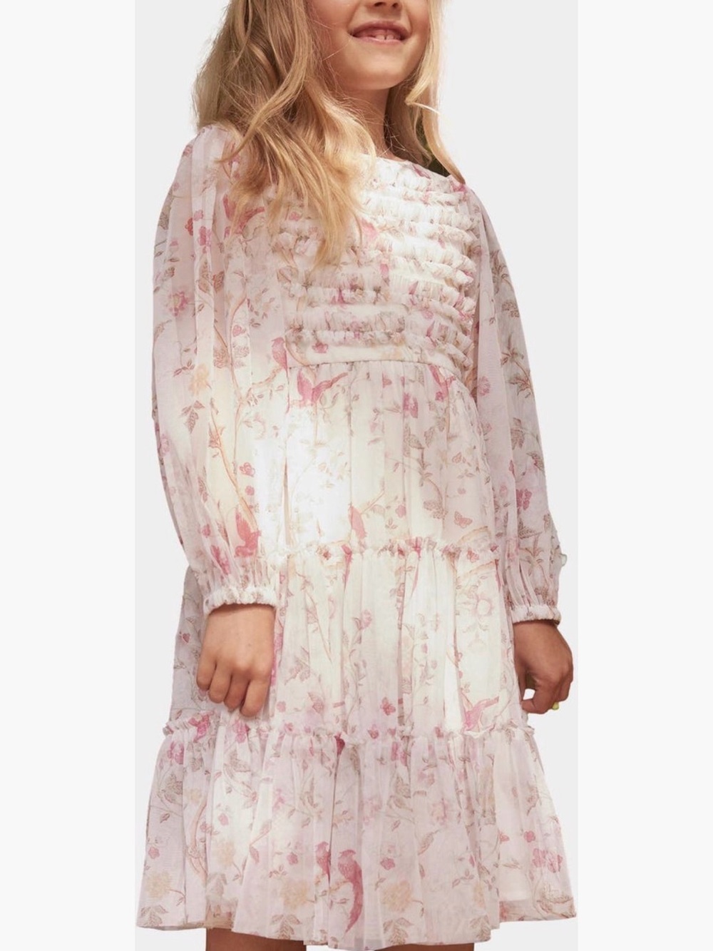 Laura Ashley White Dress with Pink Floral & Bird Print